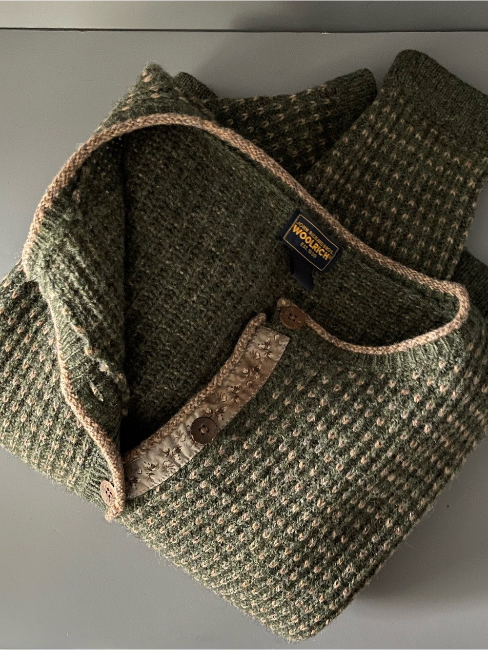 Woolrich Green Geometric Wool Vintage Sweater Cardigan XL Floral Trim Grandma